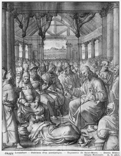 Life of Christ, Jesus Healing a Paralytic at Capernaum, Preparatory Study of Tapestry Cartoon for the Church Saint-Merri in Paris by Henri Lerambert